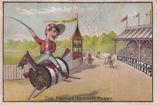 1881 Victorian Trade Card Willimantic Thread Horse Race Jockeys On Spools 4.  5x3 "