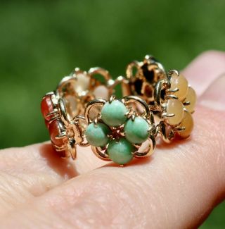 14k 585 Solid Yellow Gold Jade Flower Link Flexible Unique Custom Band Ring