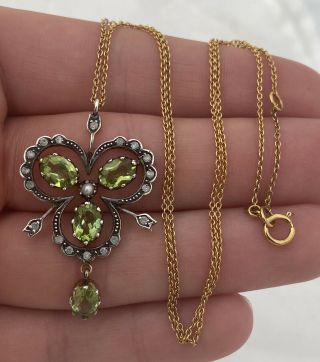9ct Gold & Silver Peridot,  Diamond & Seed Pearl Victorian Style Pendant On Chain