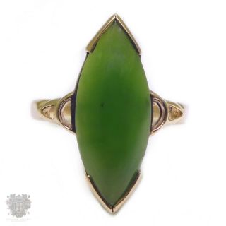 Vintage Art Deco 9ct Gold Green Nephrite Jade Ring Navette Cut Sz 6.  5