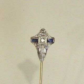14k Solid White & Yellow Gold Stick Pin Diamond & 2 Sapphires Art Deco