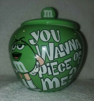M&m Green Ceramic Candy Jar Canister With Lid " You Wanna Piece Of Me? "
