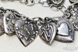 Vintage Puffy Hearts Charm Bracelet Sterling Silver 7 " 12 Charms 21.  7gr 19835