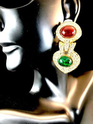 Sensational Ciner Ruby Cabochon Rhinestone Moghul Jewels Of India Clip Earrings