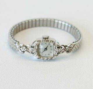 1956 Ladies Bulova 23 Jewels 14k White Gold & Diamond Watch Wristwatch
