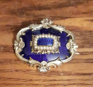 Victorian / Edwardian 14ct Gold Seed Pearl & Blue Enamel Pin Brooch