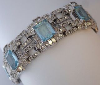 Vintage Art Deco Ktf Trifari Rhodium Plate Aqua Crystal Rhinestone Bracelet