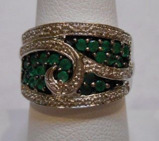 Estate Emeralds & Diamonds 925 Sterling Silver Cocktail Ring Size 7