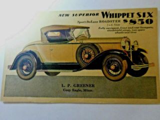 Rare Whippet Six Sport Deluxe Roadster $850.  00 Post Card (advertising)
