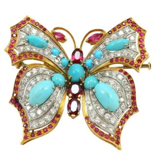 Estate 3.  2 Ct Turquoise Ruby Diamond 18k Yellow Gold Over Butterfly Brooch Pin