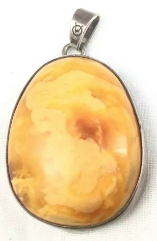 Vintage Sterling Silver 925 Large Untreated Baltic Butterscotch Amber Pendant