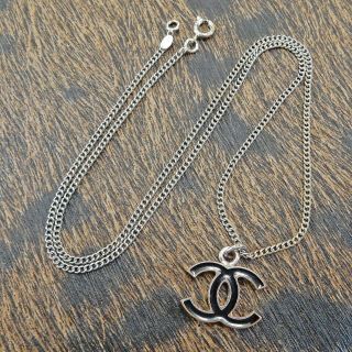 Chanel Silver Plated Cc Logos Black Charm Chain Necklace Pendant 5970a Rise - On