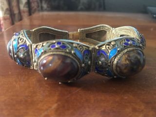 Old Chinese Silver Cloisonne Enamel Opal Bangle Bracelet
