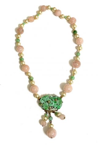 Gorgeous Vintage Chinese Natural Jade Pearl Pink Quartz 14k Necklace
