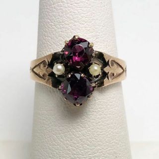 12k Yellow Gold Ladies Victorian Antique Amethyst And Pearl Ring