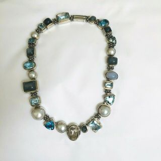 Michael Dawkins 17.  5 " Sterling Silver/gold Necklace With Blue Topaz & Moon Stone