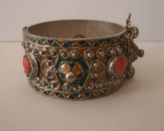 Antique Moroccan Algerian Kabyle Berber Silver Enamel & Coral Cuff Bracelet