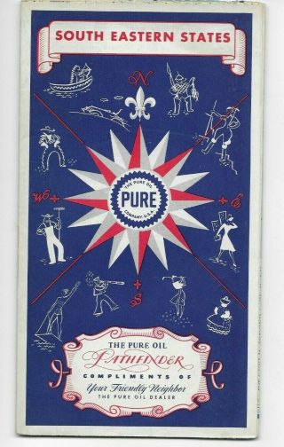 Pure Oil & Gasoline,  South Eastern States Road Map (circa 1940 