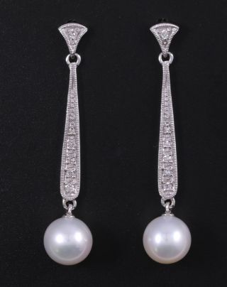 Long Dangle Estate Diamond & Pearl 14k White Gold Earrings