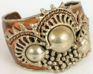 Vintage Signed Mex Modernist Brutalist Artisan Copper And Silver Cuff Bracelet