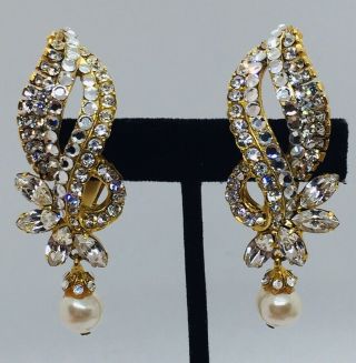 Siman Tu Vintage Gold Plated Clear Crystal Rhinestone Large Clip Earrings