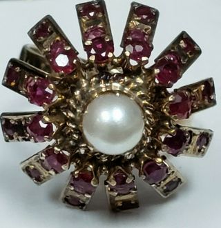 Vintage Estate 14k Yellow Gold 36 Ruby 5.  8mm Cultured Pearl Sz 7.  75 Ring 5.  8gram