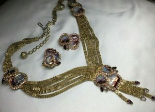 Hobe Mayorka Petals Pink Purple Iridescent Rhinestones Necklace Earrings Set