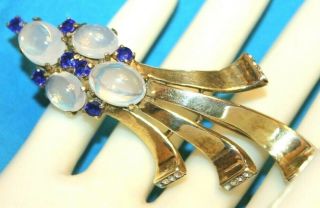 Exceptional Signed Trifari/sterling 3 1/4 Inch Pin Blue Stones And Moon Stones