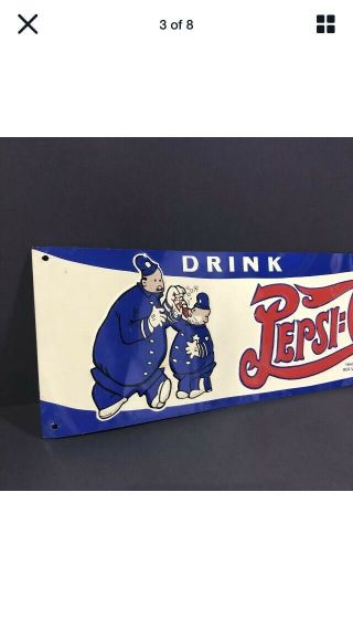 Vintage Pepsi Cola Double Dot 5c Policeman Pete Cops Tin Sign 22” 2