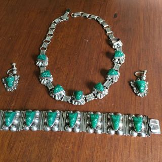 Taxco Sterling Silver Green Onyx Necklace,  Bracelet,  Earrings
