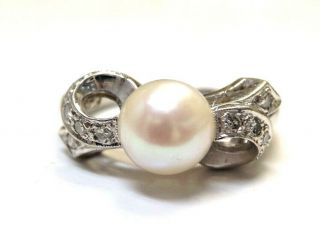 Adorable Vintage 1930s Deco Pearl And Diamond 14k White Gold Bow Ring Size 6