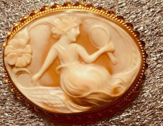 Large Art Nouveau High Relief Scenic Cameo Girl W.  Mirror 14kt Gold 11 Grams