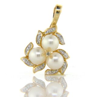 14k Yellow Gold Pearl White Diamond Three Stone Laurel Hinged Pendant
