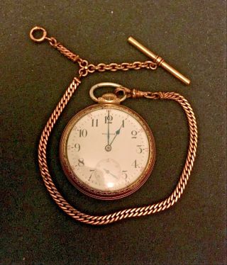 10k Gold Plated Waltham Open Face Pocket Watch With Chain