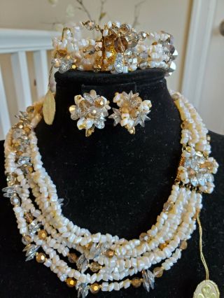 Vintage Vendome Pearl,  Crystals & Rhinestone Necklace,  Bracelet,  Earrings Set