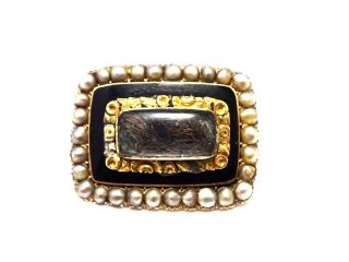 Antique Victorian 15ct Gold Pearl & Enamel Mourning Brooch C1850.