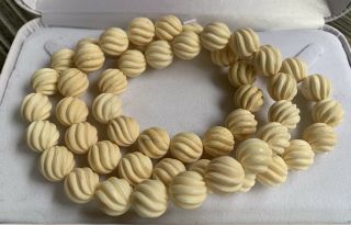 Vintage Hand Carved Melon Pearl Ivory Color Bead Necklace