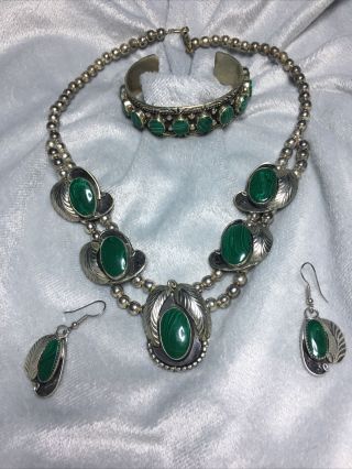 Vintage Mexican Necklace & Earrings And Bracelet Sterling Silver & Malachite