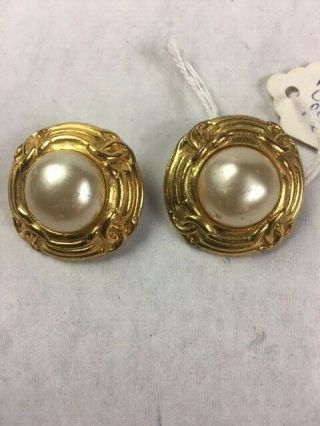 Authentic Chanel Vintage Logo Gold Tone Pearl Clip On Earrings,  Signed