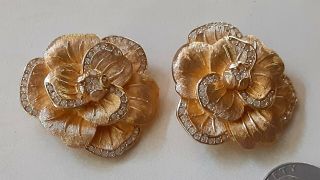 Christian Dior Vintage Earrings Gold Flower Crystal Large Clip - Ons