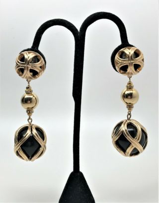 Vintage Christian Dior Germany Black Resin & Rhinestones Dangle Clip On Earrings