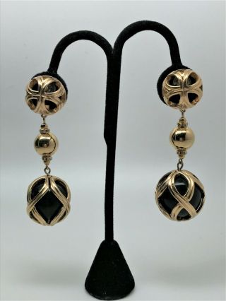 Vintage Christian Dior Germany Black Resin & Rhinestones Dangle Clip on Earrings 2
