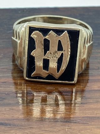 Vintage Mens 10k Solid Yellow Gold Monogram “w” Ring With Black Onyx 4g Size 9.  5
