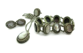 Vintage 800 Silver Mother Of Pearl Cameo Pendant Earrings Bracelet Ring Necklace