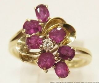 Vintage Natural Ruby Diamond 14k Gold Ring Ladies 1950s Floral Cluster Swirl Sz7