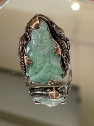 Sterling Silver And Rose Gold Carved Jade Ring Antique Repose Leaf Tulip