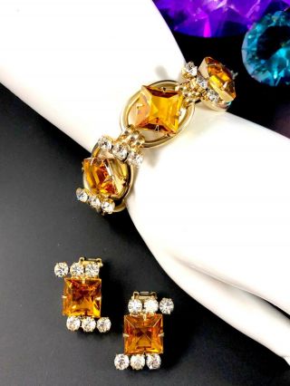 Rare Juliana D&e Gold - Tone Amber Diamond Rhinestone Link Bracelet Earrings Set