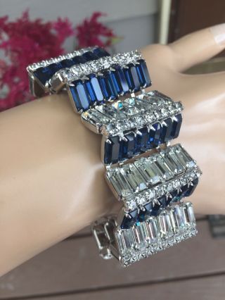 Vintage Wide Weiss Signed Blue Rhinestone Bracelet