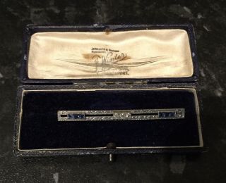 1920s Art Deco Platinum And Gold Diamond And Saphire Bar Brooch