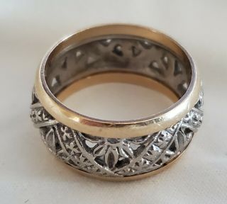 Antique Art Deco Wedding Band Ring Two - Tone White And Yellow 14k Gold Flowers